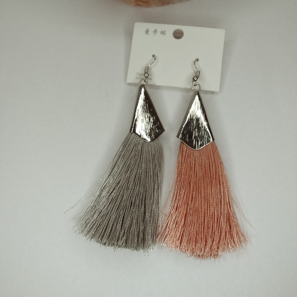Boho Silk Tassel Silver Post Dangle Earrings